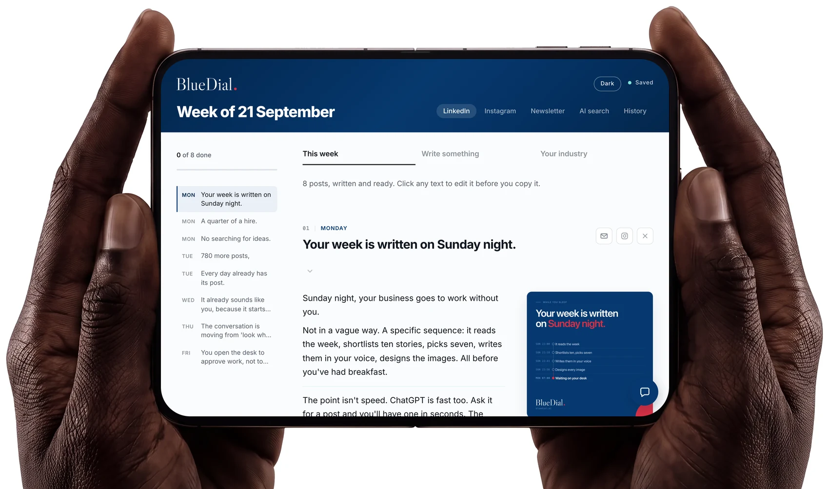 BlueDial open on a phone, showing this week's posts